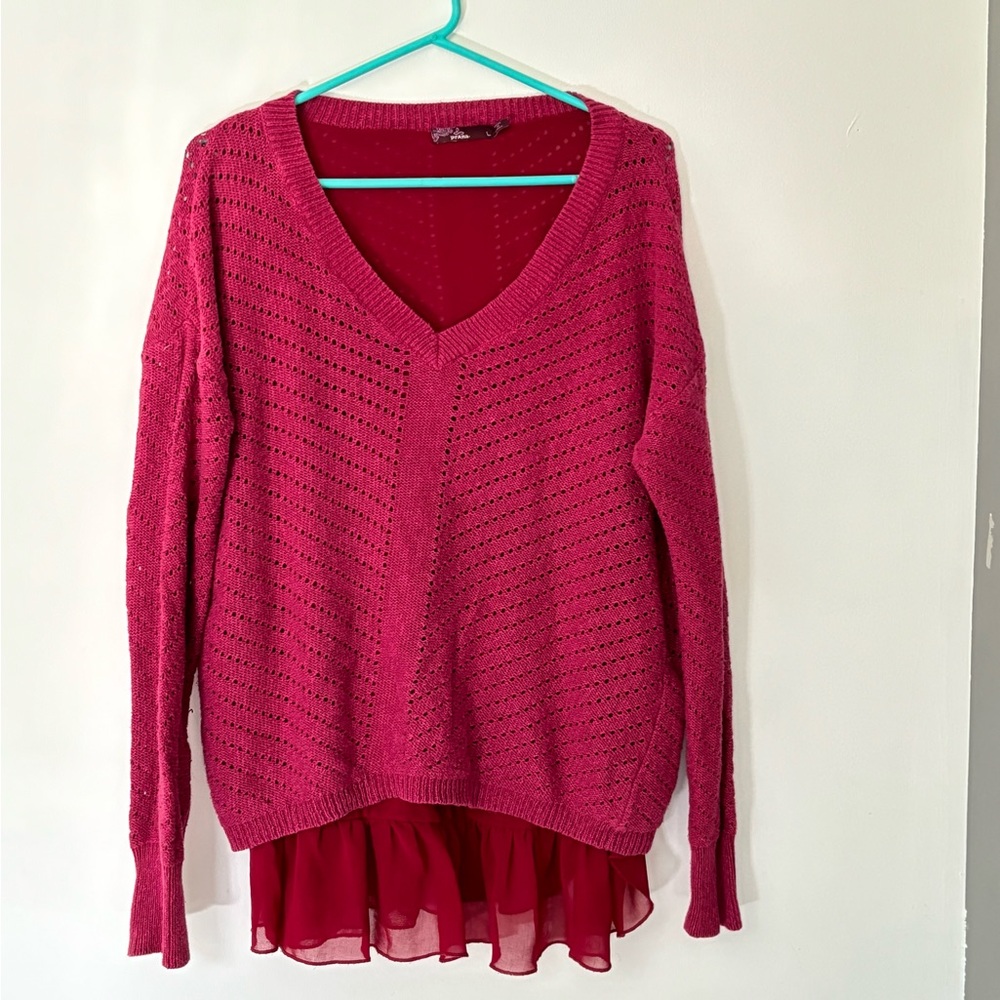 Great Prana sweater size large.  Fun sheer flounce underlay.  Merlot pinkish